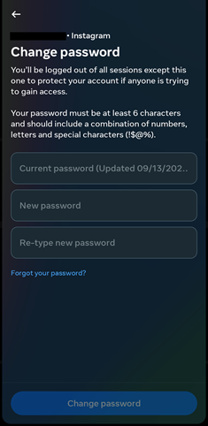 تغییر رمز اینستاگرام